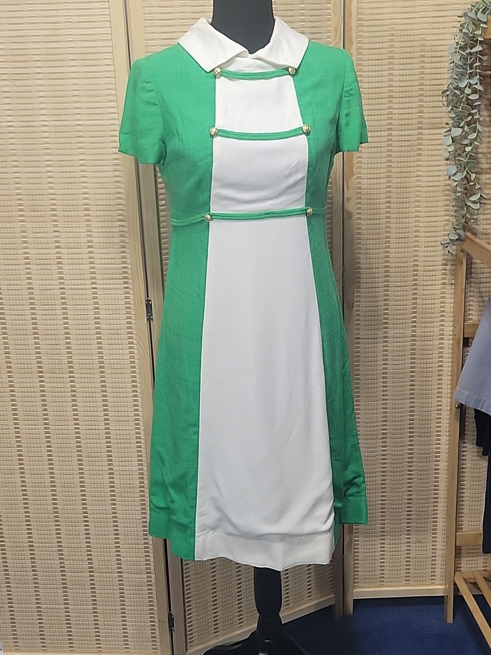 Vintage Linen Dress - Kelly Green/White - Marked Size 10